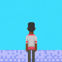 person staring out at horizon believing the world is a blank canvas, pixel art