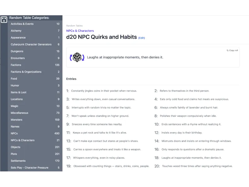 example random table and some categories