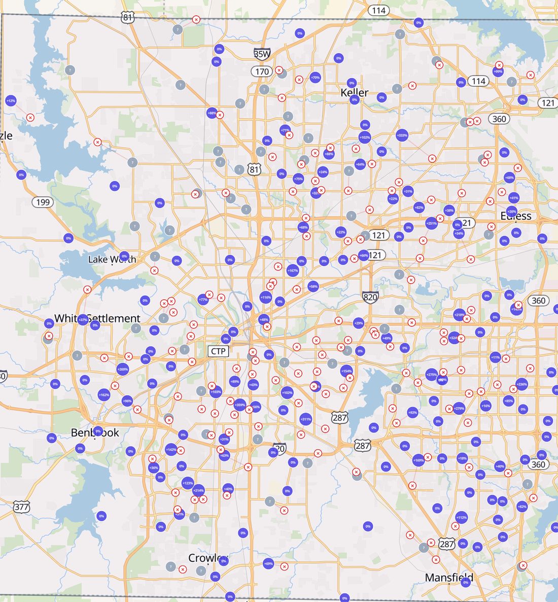 A map of Tarrant County polling places