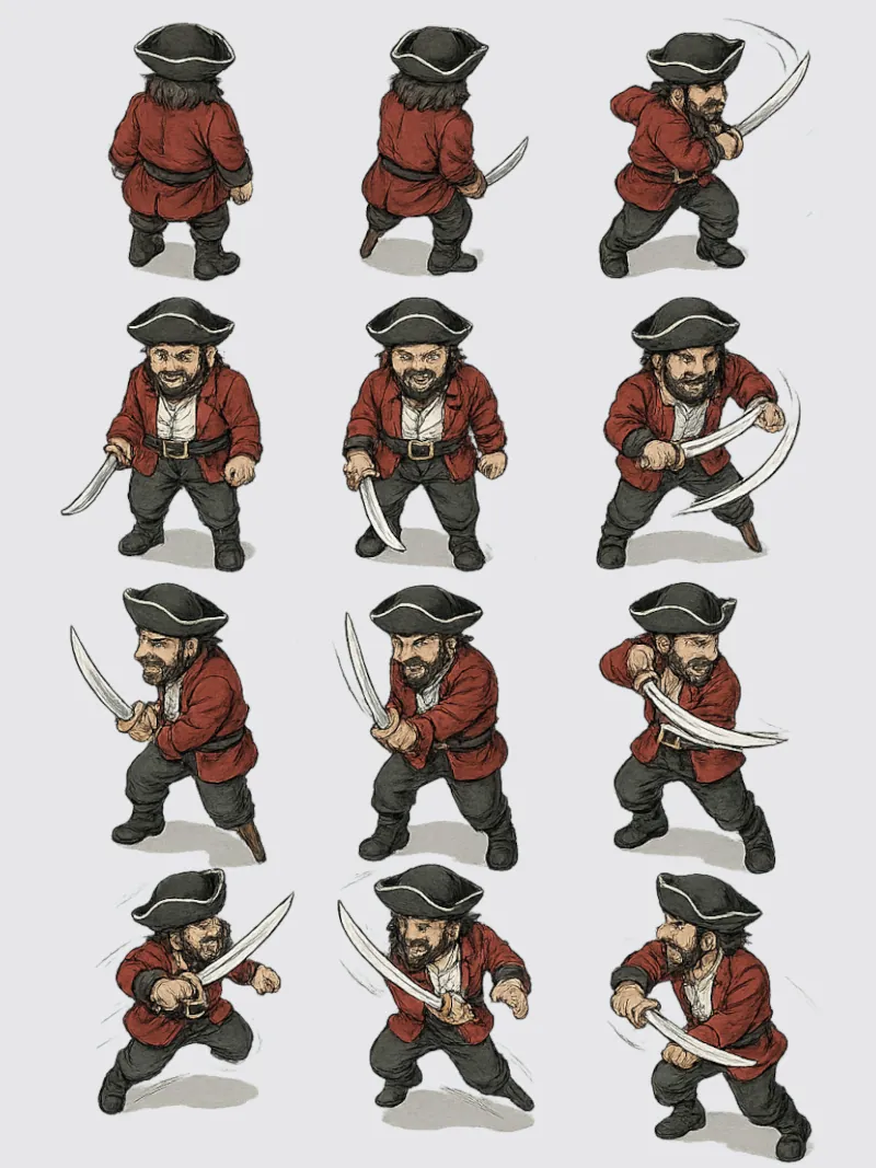 Example isometric sprite sheet of a pirate character