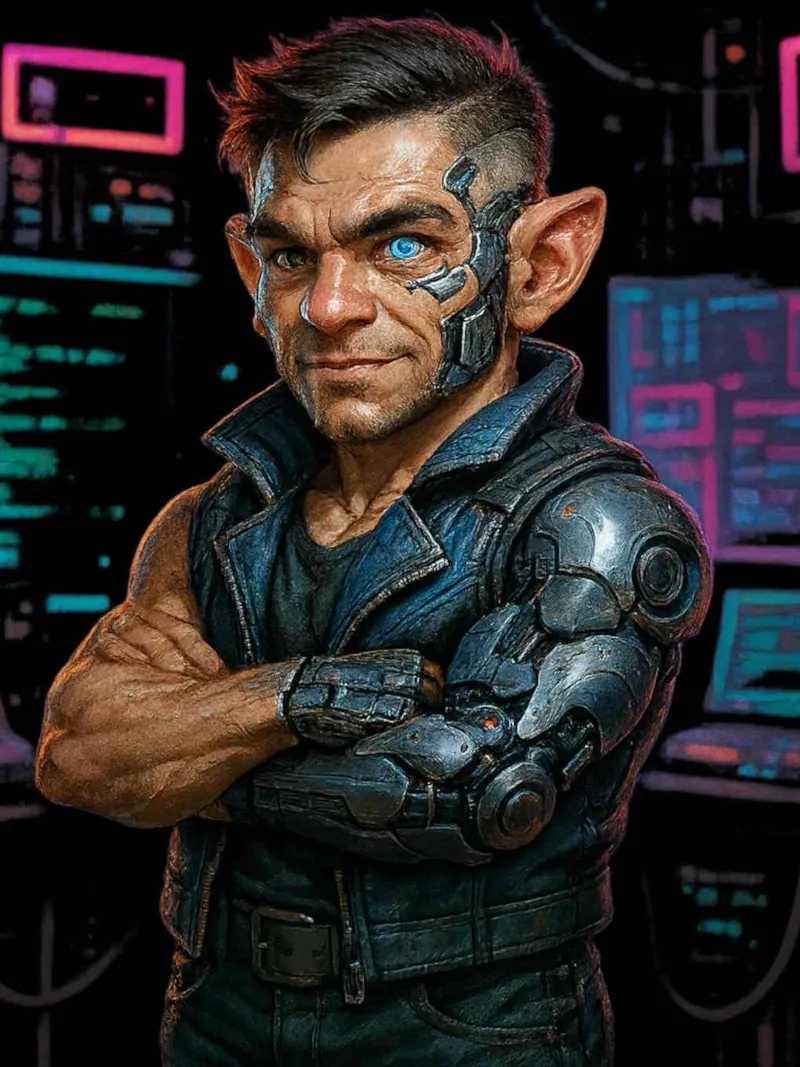 Example output: cybernetic halfling portrait