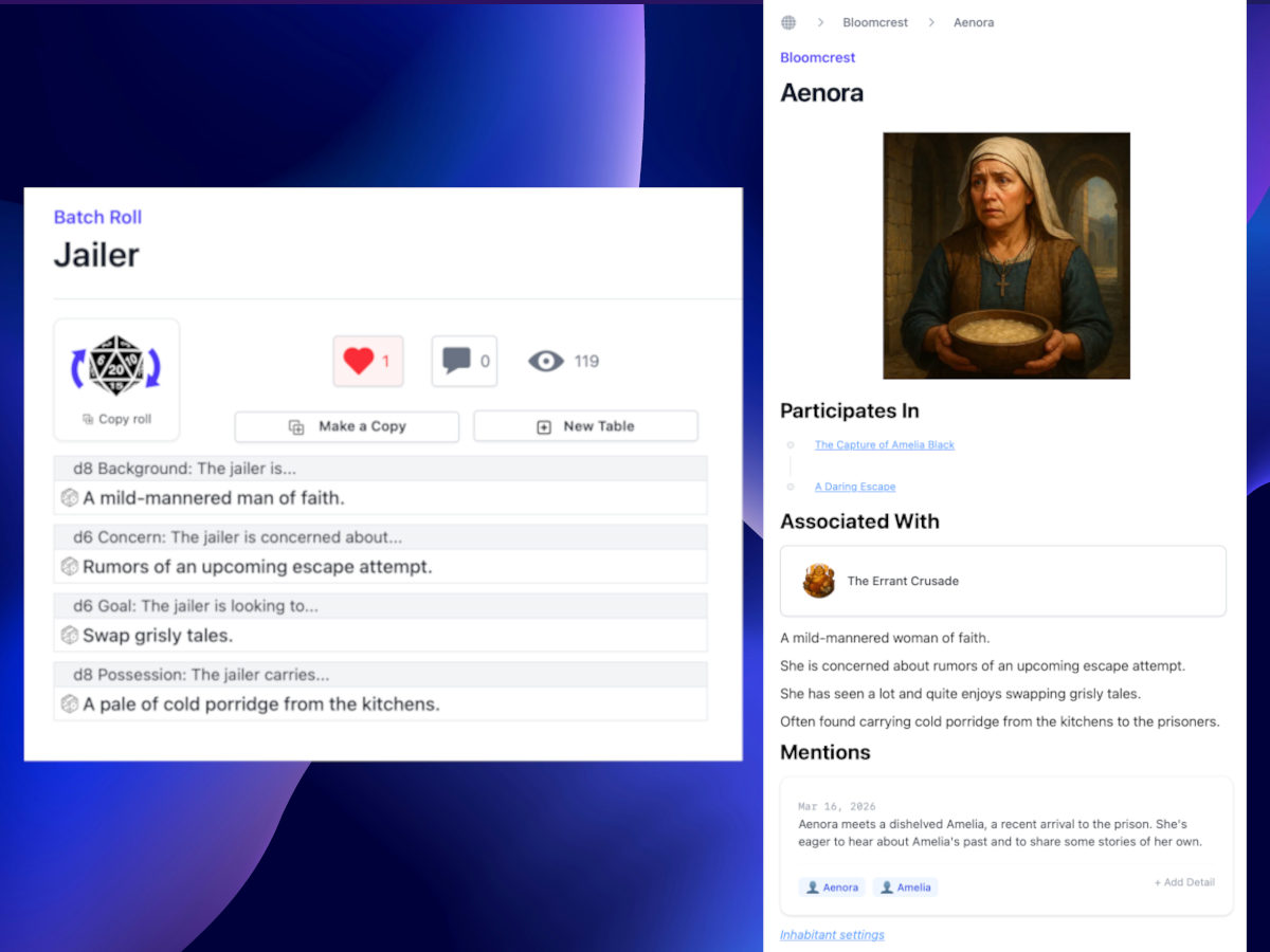A batch roll result for a jailer character alongside the fully built character page it inspired